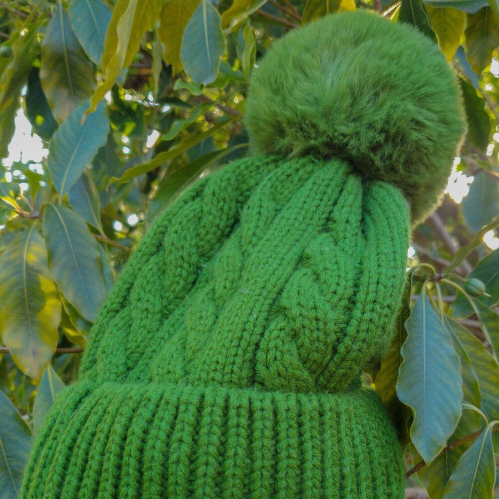 Beanie cable knit hat moss fern green pom pom elf winter holiday Christmas Xmas